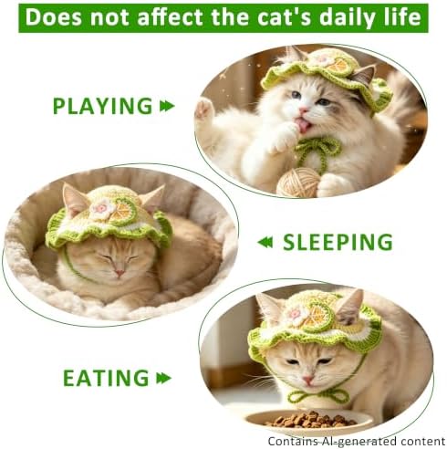 Pomelo Cat Hat, Cotton & Soft Cute Knitted Hats for Cats Birthday Party Spring Christmas Puppy Hat for Small Pets (Green,M) - Image 2