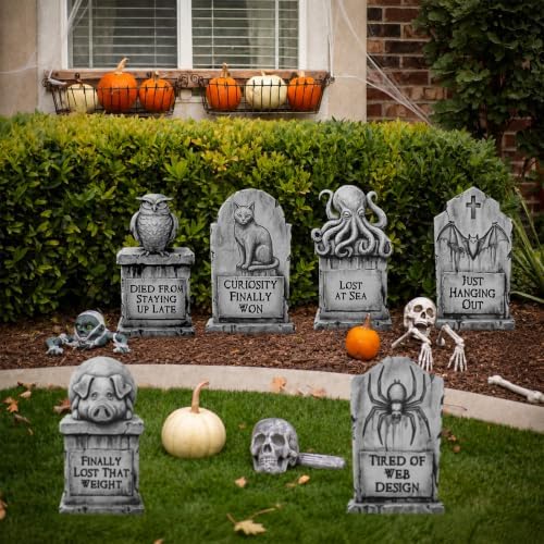 6 Pack Halloween Graveyard Decorations Outdoor, Funny Animal Cemetery Yard Signs with Stakes, Spooky Cat Bat Spider Owl Pig Tombstones, 11" x 17" Lawn Yard Signs for Halloween Outdoor Décor - Image 4