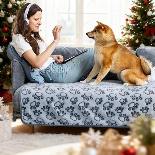 Stuffed Premium Soft Dog Couch Blanket, with Flannel Cute Paw Print, 30 * 70 inches, Cat Blanket Puppy Supplies Dog Products Stuff Essentials, Gray - Image 2