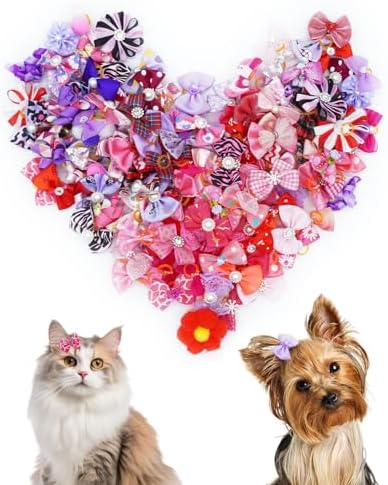 PET SHOW 100 Pack Girl Dog Hair Bows with Rubber Bands for Small Dogs Female Puppies Yorkies Pink Topknot Red Purple Medium Dogs Cats with Long Hair Assorted Pet Grooming Accessories (100) by PETSHOW