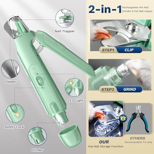 2-in-1 Dog & Cat Nail Clipper with Grinder, LED Light Rechargeable Grooming - Image 2