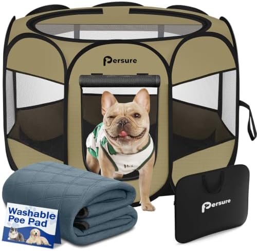 Persure Dog Cat Playpen Tent Crate Cage with Washable Pee Pad(Khaki,Medium) by PERSURE