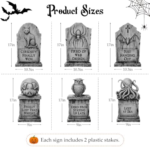 6 Pack Halloween Graveyard Decorations Outdoor, Funny Animal Cemetery Yard Signs with Stakes, Spooky Cat Bat Spider Owl Pig Tombstones, 11" x 17" Lawn Yard Signs for Halloween Outdoor Décor - Image 2