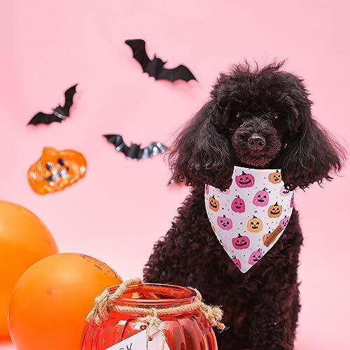 ADOGGYGO Halloween Dog Bandanas Girl, Pink Pumpkin Ghost Dog Scarf, Small - Image 2