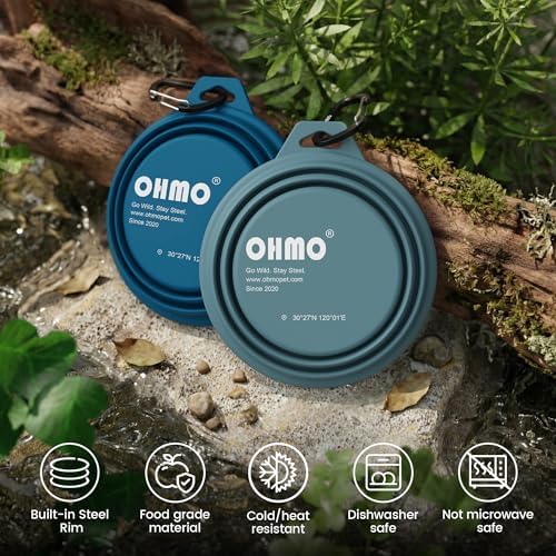 OHMO Small Collapsible Dog Bowls, Steel Rim, 12oz, 2pcs, Dark&Light Blue - Image 5