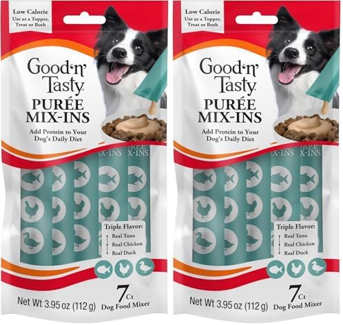 Good 'n' Tasty Triple Flavor Puree Mix-Ins Dog Food Topper Treats for All Dogs, 7 Count, Easy Single-Serve Portions, Added Protein with Tuna, Chicken and Duck (Pack of 2) by GoodNFun