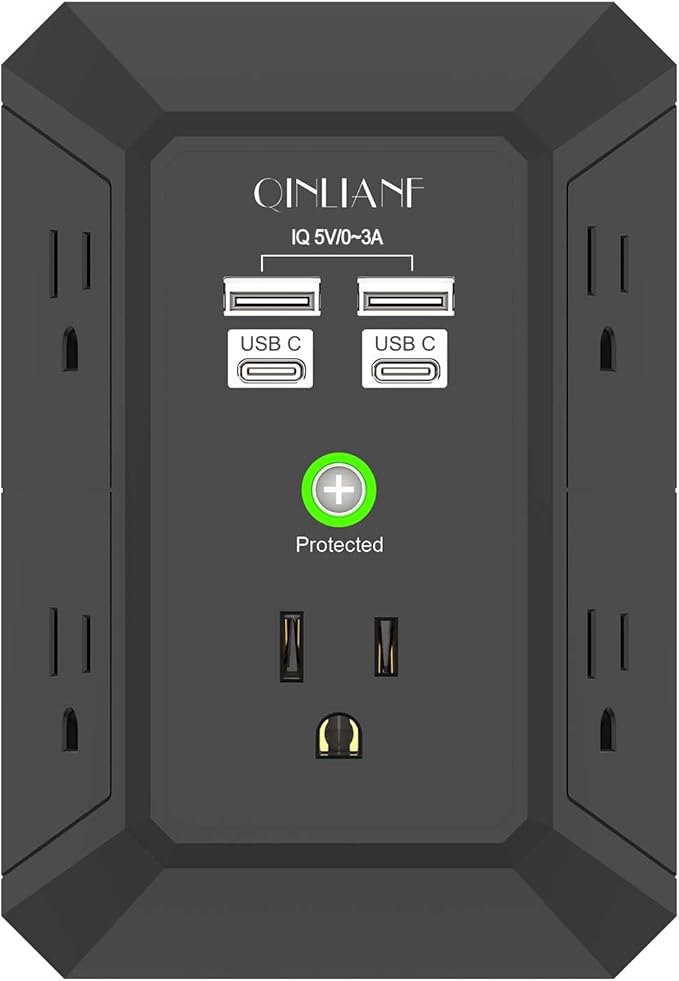 USB Wall Charger, Surge Protector, QINLIANF 5 Outlet Extender with 4 USB Charging Ports(2U2C) 3-Sided 1680J Power Strip Multi Plug Outlets Wall Adapter Spaced for Home Travel Office,Black by QINLIANF