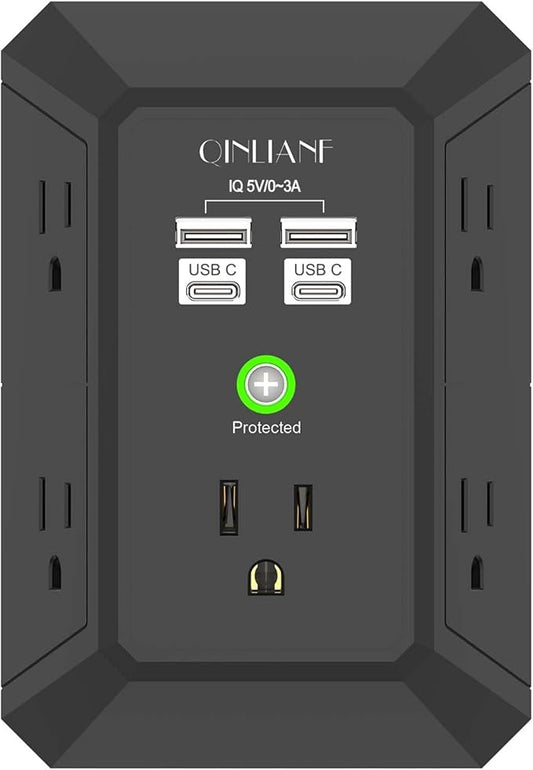 USB Wall Charger, Surge Protector, QINLIANF 5 Outlet Extender with 4 USB Charging Ports(2U2C) 3-Sided 1680J Power Strip Multi Plug Outlets Wall Adapter Spaced for Home Travel Office,Black by QINLIANF