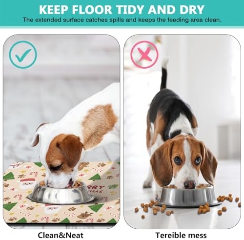 Christmas Dog Food & Water Mat, Paw Prints Santa Claus Snowman Xmas Pet Feeding Mat for Floor Non-Slip Waterproof, Super Absorbent Cat Bowl Mat, Easy to Clean Pet Placemat,16" × 24" - Image 5