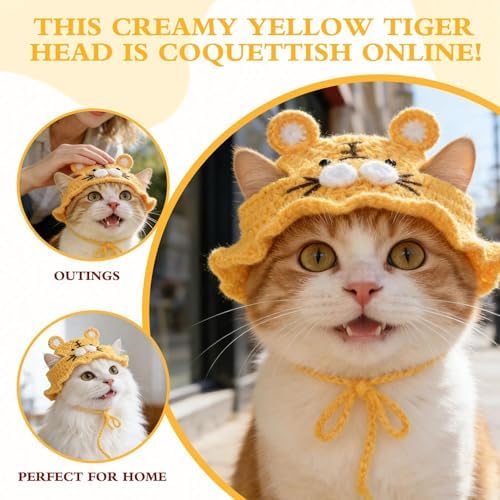 Tiger Cat Hat, Cotton & Soft Cute Knitted Hats for Cats Birthday Party Spring Christmas Puppy Hat for Small Pets (Yellow, M) - Image 2