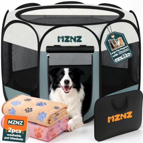 Dog Cat Small Animal Puppy Playpen Crate with 2 Blankets, Large, Grey by MZNZ