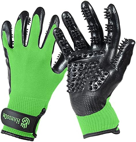 H HANDSON Pet Shedding, Bathing, Grooming, Hair Removing Gloves, Gentle Brush for Cats, Dogs, Horses by the #1 Ranked, Award-Winning Handson Gloves (Green, X-Large) by HandsOnPatentedOriginalGroomingBathingGloves