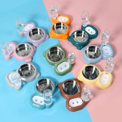 Dog Bowls, Cat Food and Water Bowl Set with Water Dispenser and Stainless Steel Bowl for Cats and Small Dogs - Brown - Image 6