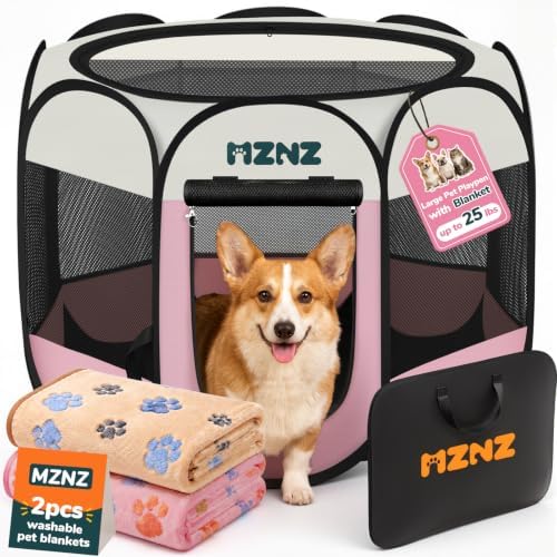 Dog Cat Small Animal Puppy Playpen Crate with 2 Blankets, Medium, Pink by MZNZ