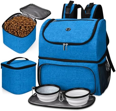 BAGLHER Pet Travel Bag, Double-Layer Pet Supplies Backpack (for All Pet Travel Supplies), Pet Travel Backpack with 2 Silicone Collapsible Bowls and 2 Food Baskets Blue by BAGLHER