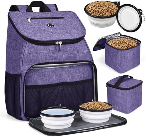 BAGLHER丨Dog Travel Bag, Airline Approved Pet Supplies Backpack, Dog Travel Backpack Accessories Set with 2 Silicone Collapsible Bowls and 2 Food Baskets. Purple by BAGLHER