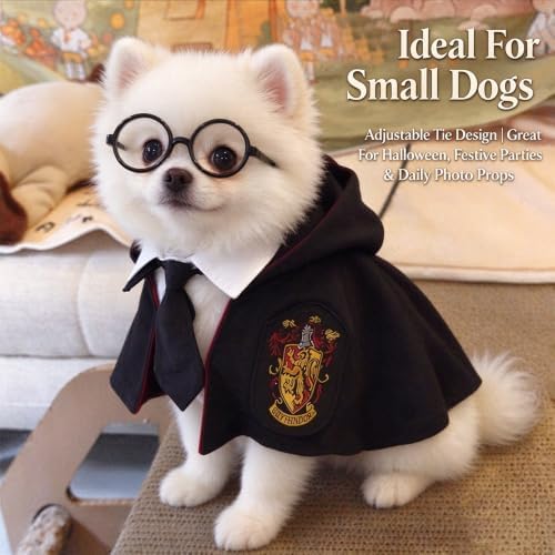 ANIAC 3PCS Halloween Dog Costume Cat Wizard Cape Glasses and Necktie Set Halloween Puppy Outfit Pet Academy Academy Magician Cosplay Apparel for Kitten Cat Small Dogs (Black+Red, Medium) - Image 2
