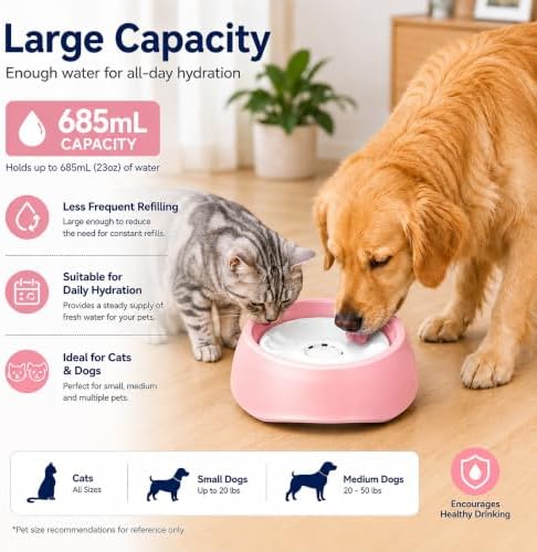 Pink No Spill Dog Water Bowl, Pet Floating Water Bowl No Wet Mouth, Anti Splash & Anti Tip Slow Water Feeder, Keeps Fur Dry Clean Drinking Bowl for Dogs & Cats, Large Capacity Travel Friendly - Image 6