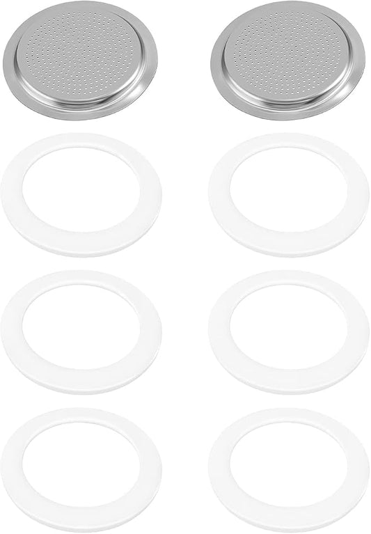 6 Pieces Moka Pot Replacement Cup Gasket with 2 Pcs Stainless Filter Silicone Moka Express Replacement Seals Funnel Kits Compatible Espresso Coffee Maker Parts(2-cup) by CHENGU