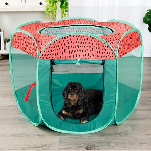 Furhaven Portable Dog Playpen Cat Tent, Pet Playground,Kennel Foldable Indoor Outdoor Zippered Puppy Crate - Green & Pink, Medium - Image 2