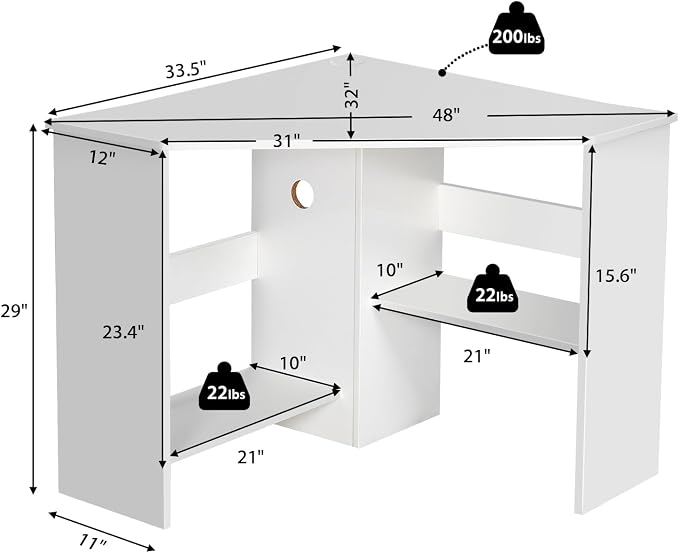 Tangkula White Corner Desk - 90 Degrees Triangle for Computer, Small Space, Bedroom, Makeup Vanity Desk with Storage Shelves & CPU Stand, Space Saving Writing Desk - Image 2