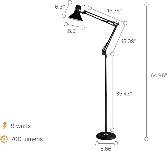 Bostitch Office VLF100F Swing Arm Metal Floor Lamp, 72" Tall with Multi-Joint Adjustment, Includes Replaceable LED Bulb (VLF), Black - Image 4