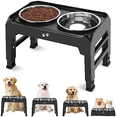 COMESOON Elevated Dog Bowls, 4 Height Adjustable Raised Bowl Stand with 2 Thick 50oz Stainless Steel Food Bowls Non-Slip Feeder Adjusts to 3.7'', 9.2'', 10.75'', 12.36'' Black, (DB-W01) by COMESOON