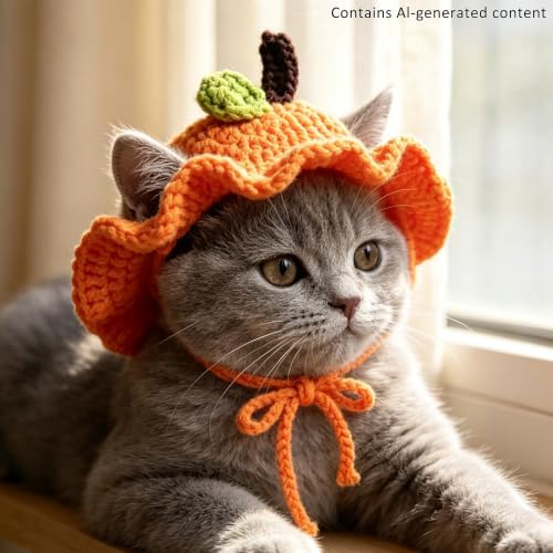 Orange Cat Hat, Cotton & Soft Cute Knitted Hats for Cats Birthday Party Spring Christmas Puppy Hat for Small Pets (Orange,M) - Image 5