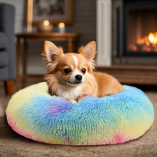Dogs Bed for Small Dogs, Anti-Anxiety Washable Round Bed (24in Rainbow) - Image 5