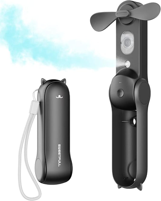 SWEETFULL Misting Fan Portable, Handheld Personal Mister Fans, Small Fan Rechargeable, Mini Spray Water Mist,Kids Women Portable Fans For Travel, Outdoors, Hiking, Camping Home Office (Black) by SWEETFULL