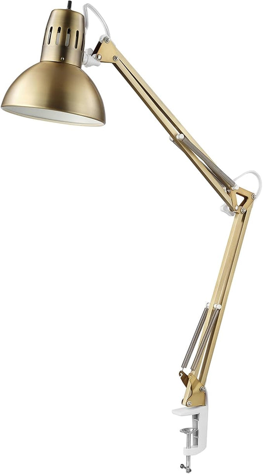 Globe Electric 62000010 32" Multi-Joint Desk Lamp with Metal Clamp, Matte Brass, White Accents, On/Off Rotary Switch on Shade, Partially Adjustable Swing Arm, Home Décor, Office Accessory by GlobeElectric