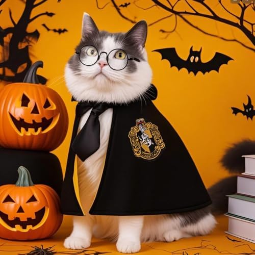 ANIAC 3PCS Halloween Dog Costume Cat Wizard Cape Glasses and Necktie Set Halloween Puppy Outfit Pet Academy Magician Cosplay Apparel for Kitten Cat Small Dogs (Black+Yellow, Medium) - Image 2