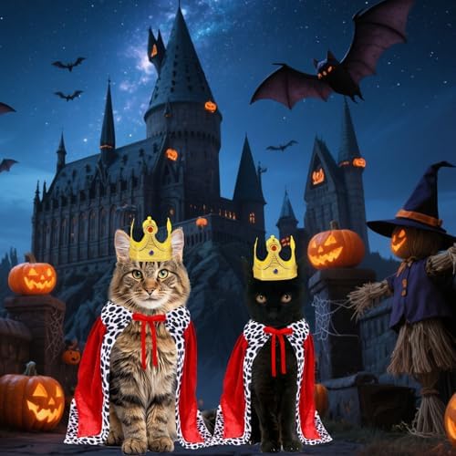 GOYOSWA Cat Halloween Costumes, Pet Cat King Costume King Red Cloak Golden Crown Set Halloween King Prince Costumes for Cats Kitty Small Dogs - Image 5