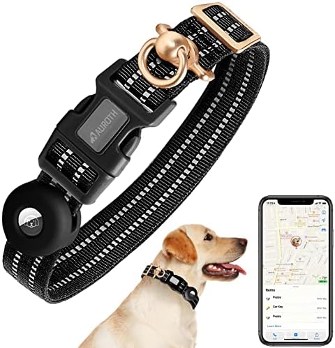 AUROTH Adjustable Air Tag Dog Collar, Nylon Animal Collar for Medium Large Dogs, 360-degree Swivel D Ring, Reflective Threads, Skin Cover Feature, Lightweight, Soft, Set-Black by AurothPets