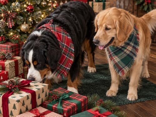 Christmas Dog Bandanas 2-Pack XL,Red-Green Plaid Scarf w/Tassels for Dogs - Image 6