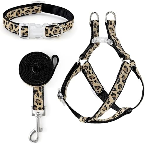 Mile High Life Leopard Dog Harness Collar Leash Set, Adjustable No Pull Dog Halter Harness for Small Breed Dogs, Easy Control for Training Walking (Black, XS Chest 9"-15", Neck 8"-12") by MileHighLife