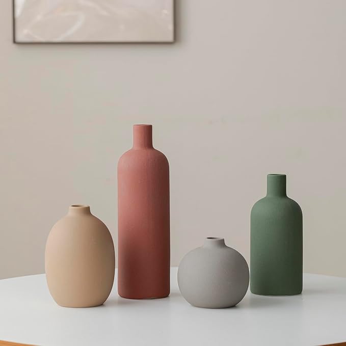 Modern Ceramic Vase Set, Neutral Colors, Decorative Vases for Home Decor, 4 Piece Collection (Green Mix Set 4) - Image 8
