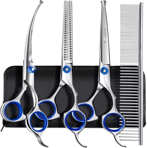 Gimars Professional 5 in 1 Grooming Scissors for Dogs 4CR with Safety Round Tip, Heavy Duty Titanium Coated Straight & Thinning & Curved Shears by Gimars