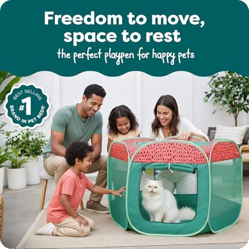 FurHaven Soft-Sided Dog & Cat Playpen, Portable Foldable Indoor & Outdoor Pet Playpen with Mesh Windows & Zippered Door, Green & Pink, Large - Image 2