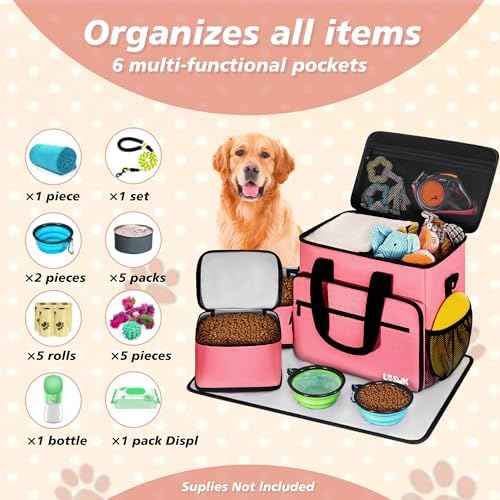 5 Set Dog Travel Bag for Supplies, Dog Lovers, Large Pet Travel Kit Includes 2 Food Containers, 2 Collapsible Bowls, Pink - Image 3