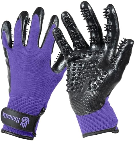 Handson Pet Grooming Gloves - Patented #1 Ranked, Award Winning Shedding, Bathing, Hair Remover Gloves - Gentle Brush for Cats, Dogs, and Horses (Purple, Junior) by HandsOnPatentedOriginalGroomingBathingGloves