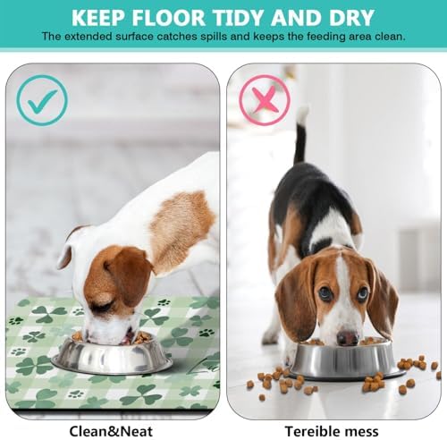 St Patricks Day Dog Food & Water Mat, Green Shamrocks Paw Prints Clover Pet Feeding Mat for Floor Non-Slip Waterproof, Super Absorbent Cat Bowl Mat, Easy to Clean Pet Placemat,12" × 20" - Image 3