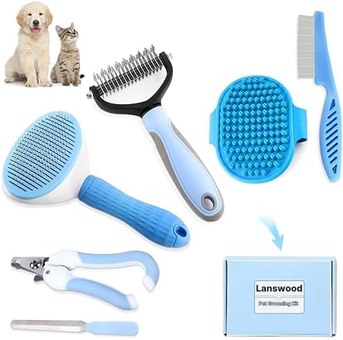 Dog Brush Dog Grooming Kit 6PCS Dog Brush for Shedding-Dog Brushes for Grooming, Dematting Comb for Dogs, Cat Nail Clipper with Nail File, Flea Comb, Bath Brush(Blue) by Lanswood