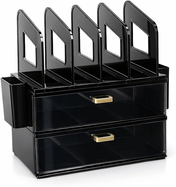 CiWiVOKi Desk Organizer with 4 File Slots and 2 Drawers, Black | File organizer with dual pen holders and storage compartments for mail, documents and office supplies - Image 9