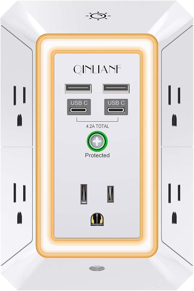 3-Sided Outlet Extender with Night Light - QINLIANF Multi Plug Outlet with 5 Outlets and 4 USB Ports(2 USB-C), USB Wall Charger for Home, Office, Travel, ETL Listed, White by QINLIANF