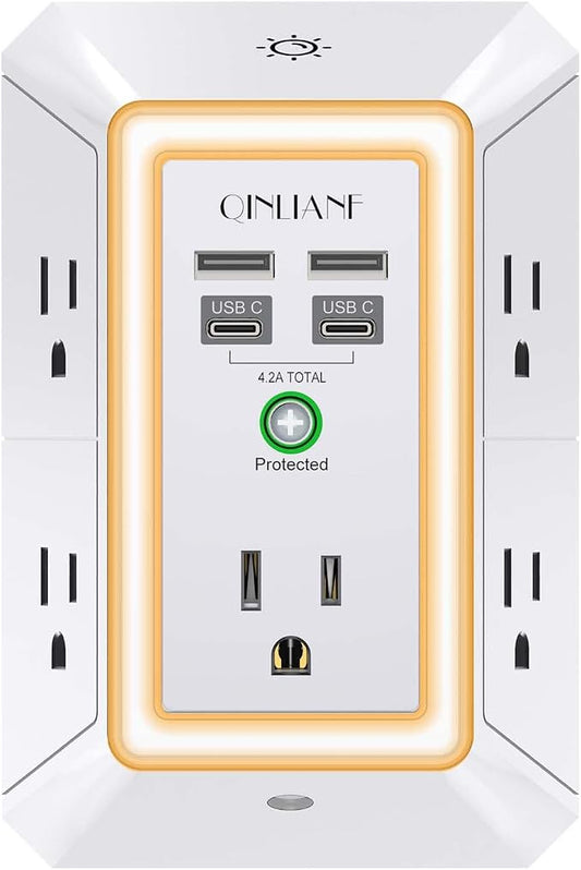 3-Sided Outlet Extender with Night Light - QINLIANF Multi Plug Outlet with 5 Outlets and 4 USB Ports(2 USB-C), USB Wall Charger for Home, Office, Travel, ETL Listed, White by QINLIANF
