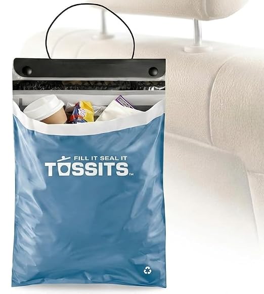 Tossits Hanging Car Trash & Garbage Bags, Disposable, Blue 21 Count | 2 gal, 12 x 15 in, fits over headrest or console, recycled plastic, leakproof, seals odors, everyday light waste by Tossits