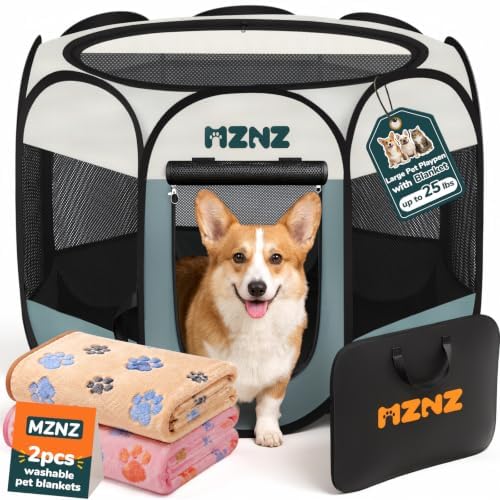 Dog Cat Small Animal Puppy Playpen Crate with 2 Blankets, Medium, Grey by MZNZ