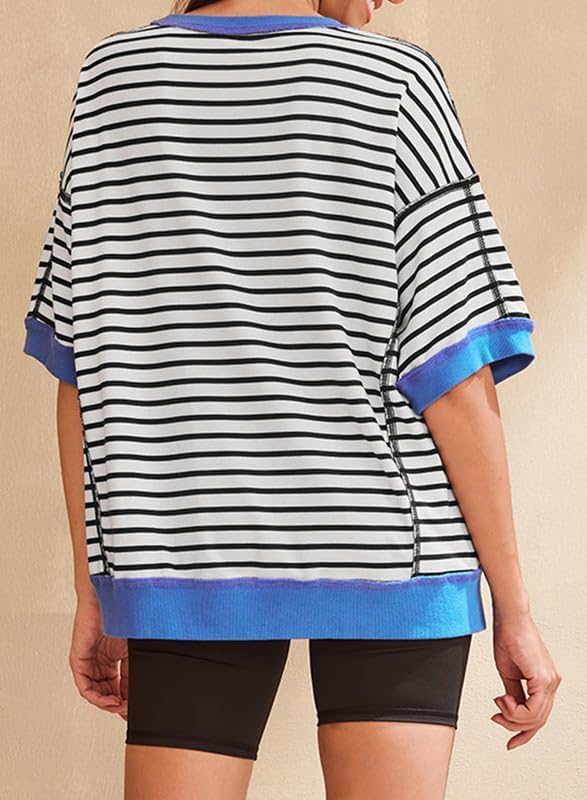 SHEWIN Womens Tops Casual Short Sleeve Sweatshirt Crewneck Striped Shirt Pullover T Shirts Loose Blouses - Image 4