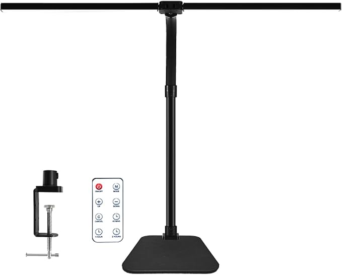 LED Desk Lamp with Clamp and Base, Dual Head Monitor Light | 24W Dimmable Eye-Caring Task Lamp with Timer, Anti-Glare Cover and Gooseneck for Home Office Dorm, Workbench and Study by MACASA